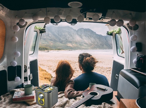A couple takes an RV trip with portable energy storage